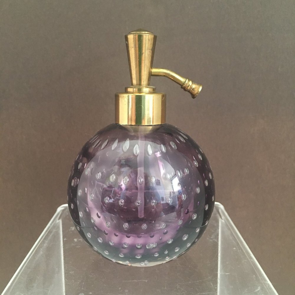 Vintage Tilso Perfume Bottle Amethyst Controlled Bubble Art Glass Brass Japan